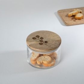 Leafy Twig Glass Jar Container With Wooden Lid-700 Ml (Option: Eggshell)