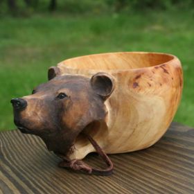 Hand Carved Cup Scandinavian Kuksa Wooden Mug Camping Gear Coffee Cup Kuksa Guksi Kuksa Wild Boar Cups Christmas (Option: Bear)