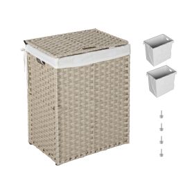 Laundry Hamper With Lid PE Rattan Powder Coating Frame Clothes Hampers With 02 Removable Bags, (Color: Light Grey)